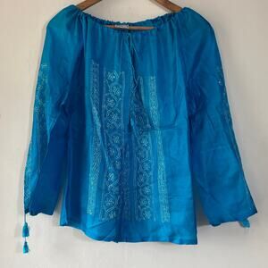 Blue Embroidered Long Sleeve Sz S  Silk Ethnic Top Boho Festival Blouse